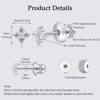 Limerencia Titanium Screw Back Earrings, Hypoallergenic F136 Implant Grade Flat Back Earrings for Women Men, Double Side Cubic Zirconia Sleeper Studs Jewelry/ Plum Blossom 3mm