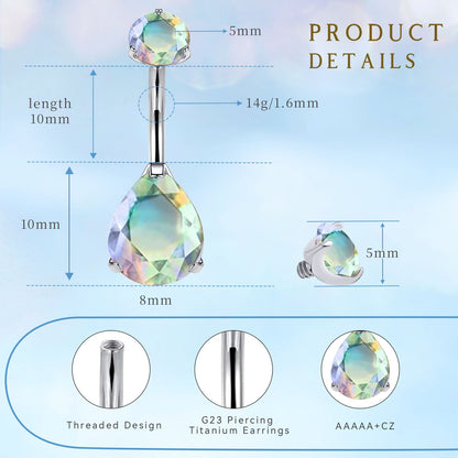 limerencia G23 Titanium Belly Button Rings hypoallergenic medical implant grade 14G Teardrop CZ Belly Navel Rings Piercing Belly Bars（Water drop belly button ring）