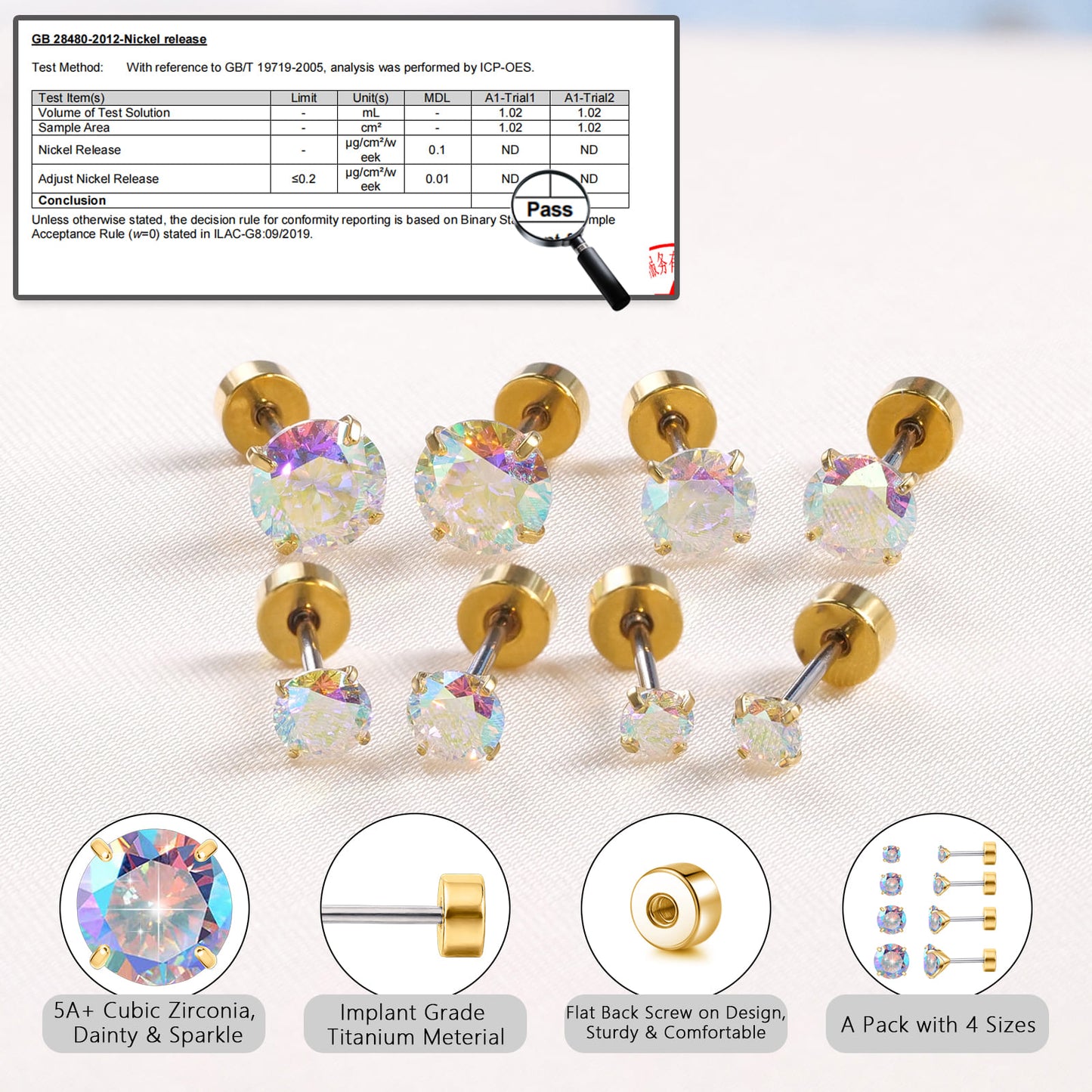 Orecchini piatti cartilagine titanio F136 Limerencia ipoallergenici con zircone perla opale, gioielli piercing elica confezione 4 paia 3-6mm da donna
