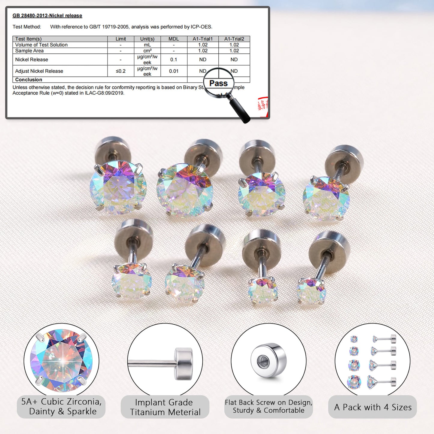 Orecchini piatti cartilagine titanio F136 Limerencia ipoallergenici con zircone perla opale, gioielli piercing elica confezione 4 paia 3-6mm da donna