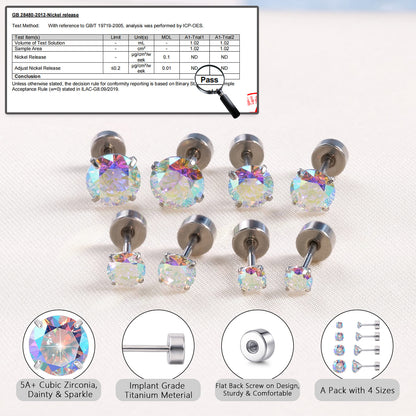 Orecchini piatti cartilagine titanio F136 Limerencia ipoallergenici con zircone perla opale, gioielli piercing elica confezione 4 paia 3-6mm da donna