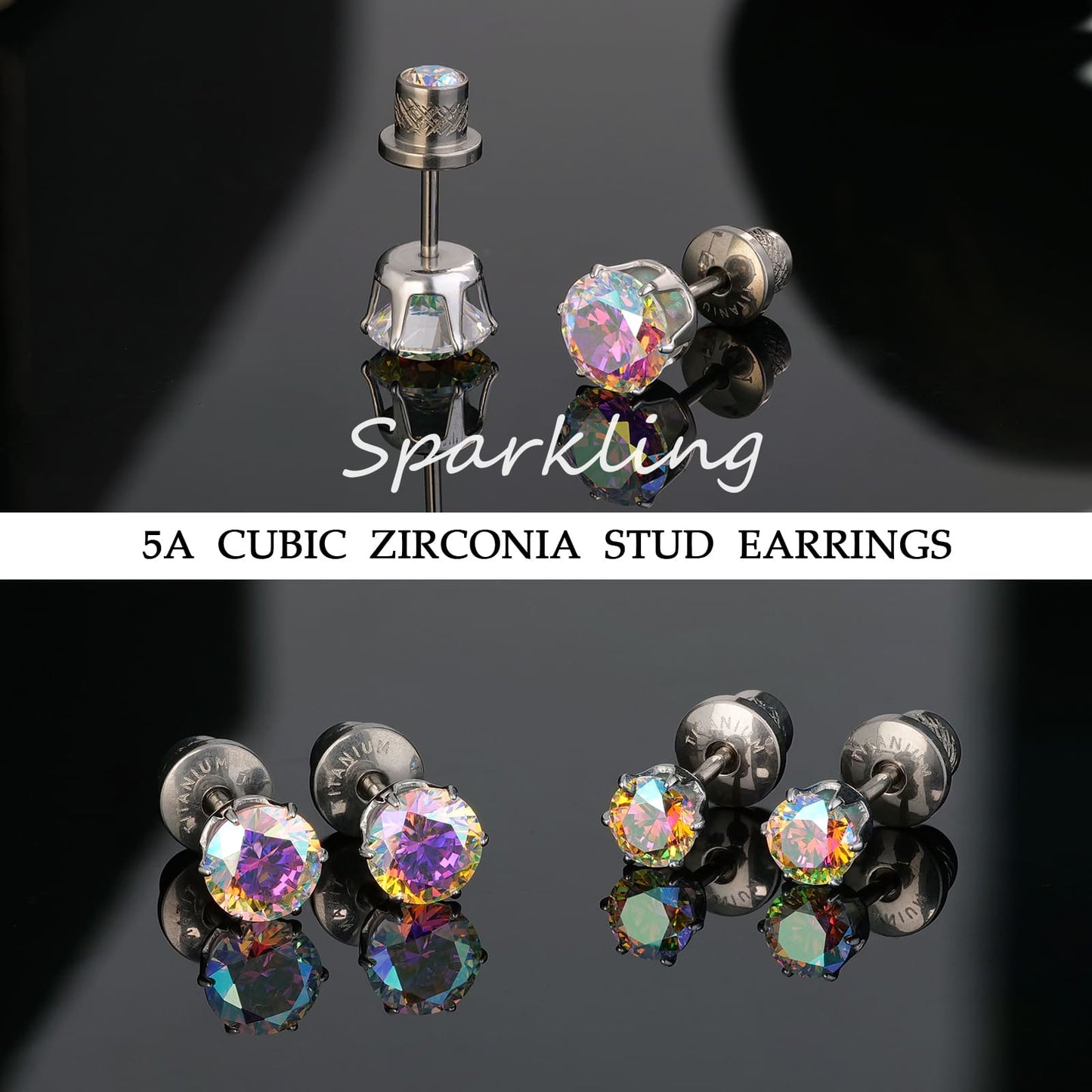 Limerencia Orecchini borchia titanio G23 CZ retro piatto ipoallergenici donna | Titanio F136 grado impianto 20G, chiusura vite piatta 6 griffe senza nichel, piercing cartilagine/trago, comfort 24h per orecchie sensibili