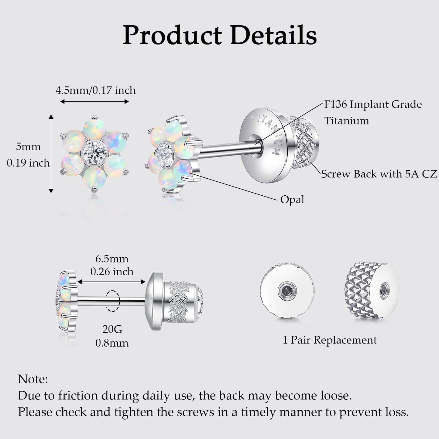 Limerencia Titanium Screw Back Earrings, Hypoallergenic F136 Implant Grade Flat Back Earrings for Women Men, Double Side Cubic Zirconia Sleeper Studs Jewelry/flower