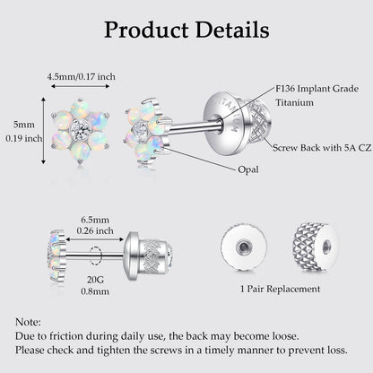 Limerencia Titanium Screw Back Earrings, Hypoallergenic F136 Implant Grade Flat Back Earrings for Women Men, Double Side Cubic Zirconia Sleeper Studs Jewelry/flower