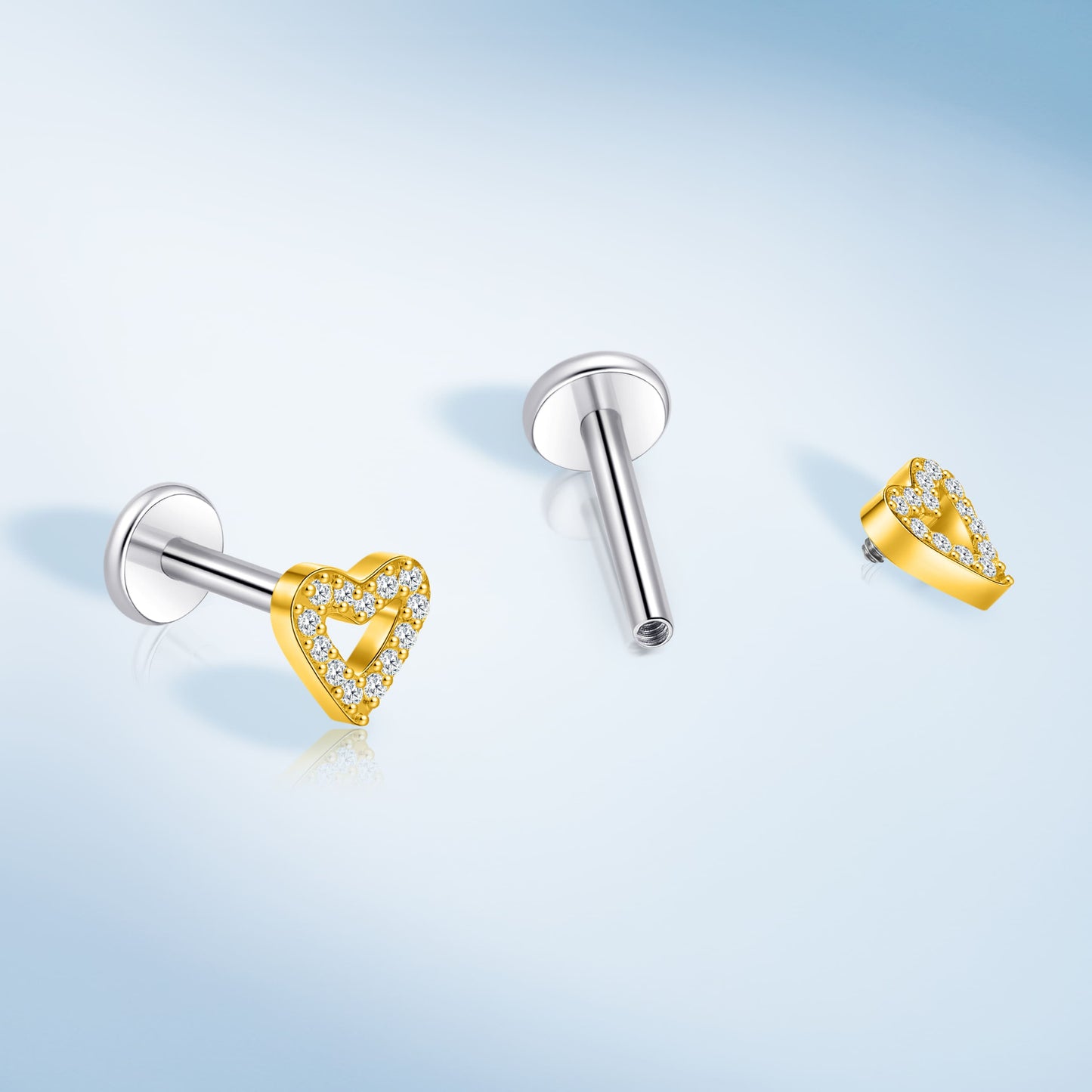 Piercing corporal titanio Limerencia calibre 18G, 2 unidades de clavos hipoalergénicos rosca interna respaldo plano para trago, nariz, hélice, concha, labio y labret, piercing cartílago unisex, diseño corazón pequeño
