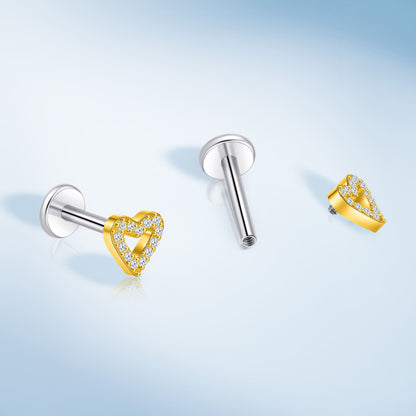 Piercing corporal titanio Limerencia calibre 18G, 2 unidades de clavos hipoalergénicos rosca interna respaldo plano para trago, nariz, hélice, concha, labio y labret, piercing cartílago unisex, diseño corazón pequeño