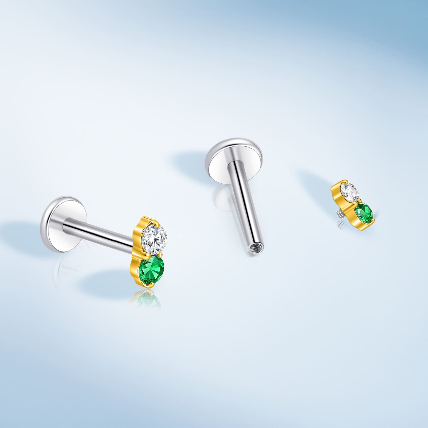 Limerencia 18G Titan-Körperschmuck, 2 Stück hypoallergene Innengewinde-Flachrücken-Ohrstecker für Tragus, Nase, Helix, Conch, Lippe und Labret, Knorpelpiercing für Damen & Herren, Besatz mit weiß-grünem Zirkonia