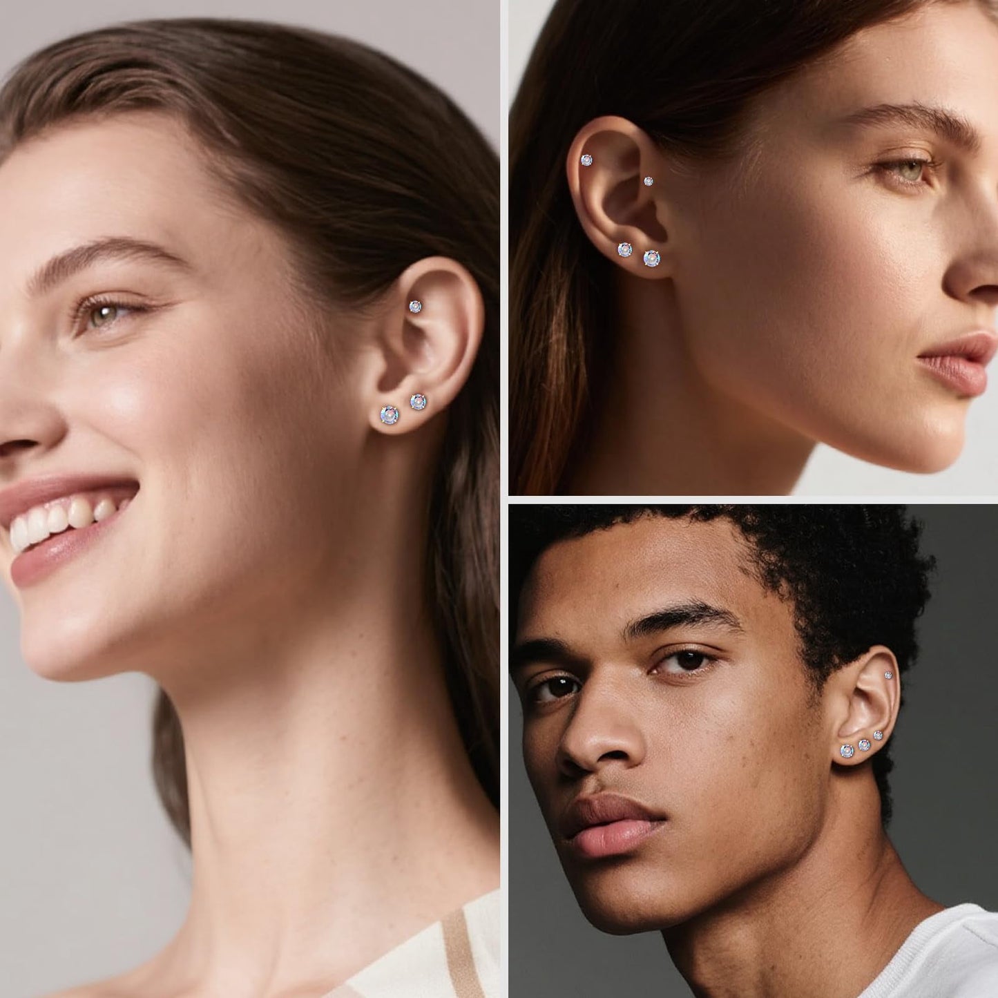Limerencia 4 Pairs F136 Hypoallergenic Flat Back Titanium Earrings Set for Women Men, Cubic Zirconia Earrings Studs Set ， CZ Stud Earrings for Sensitive Ears, Trendy Cartilage Stud Earrings 3-6mm