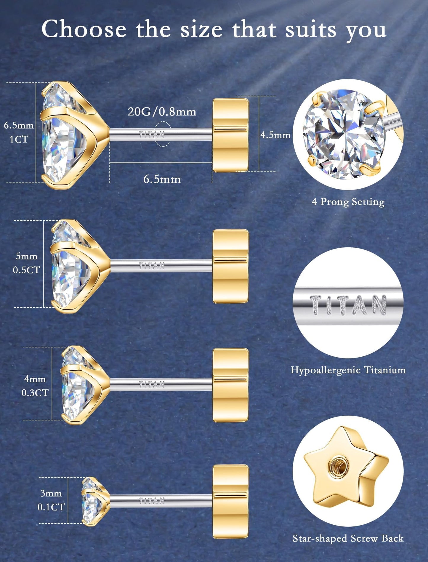 Limerencia Moissanite Stud Earrings for Women Men, F136 Hypoallergenic Titanium Earrings for Sensitive Ears, 18K White Gold Plated Star Flat Back,3mm