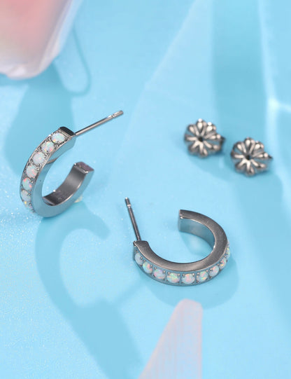 Limerencia Hypoallergenic G23 Pure Titanium Small Open C Hoop Earrings, F136 Implant Grade Lightweight Cubic Zirconia/Opal Cuff Huggie Earrings for Women Sensitive Ears