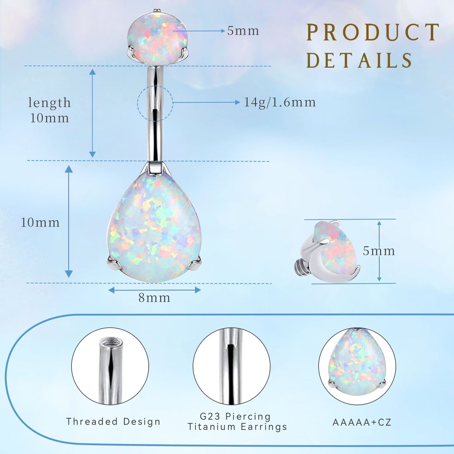 limerencia G23 Titanium Belly Button Rings hypoallergenic medical implant grade 14G Teardrop CZ Belly Navel Rings Piercing Belly Bars（Water drop belly button ring）