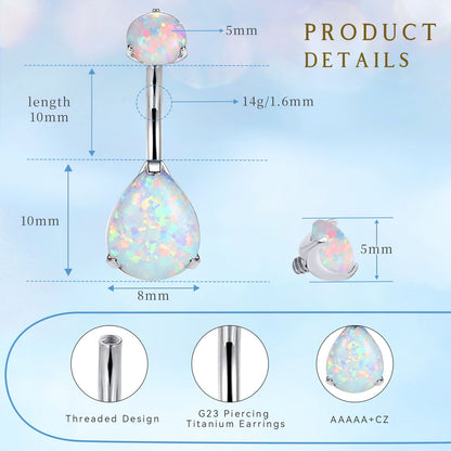 limerencia G23 Titanium Belly Button Rings hypoallergenic medical implant grade 14G Teardrop CZ Belly Navel Rings Piercing Belly Bars（Water drop belly button ring）