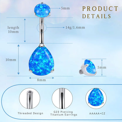 limerencia G23 Titanium Belly Button Rings hypoallergenic medical implant grade 14G Teardrop CZ Belly Navel Rings Piercing Belly Bars（Water drop belly button ring）
