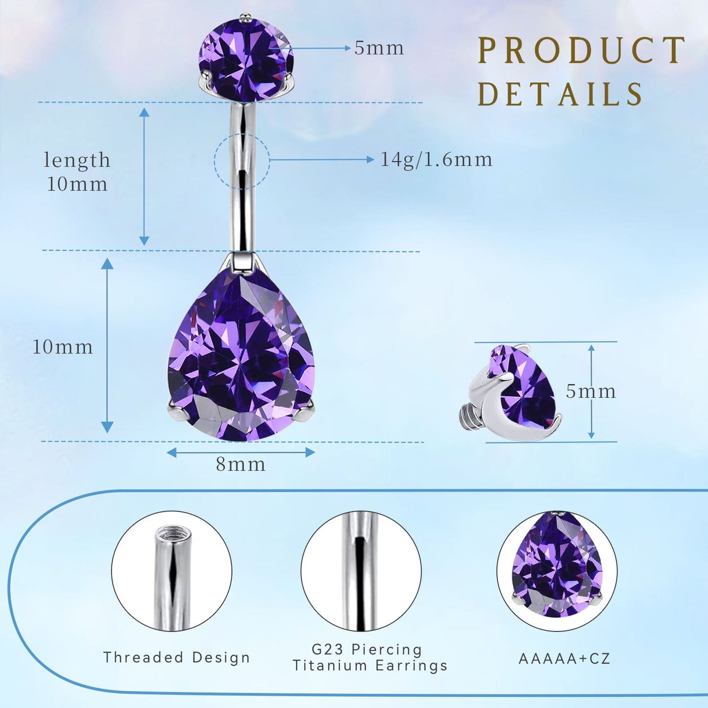 limerencia G23 Titanium Belly Button Rings hypoallergenic medical implant grade 14G Teardrop CZ Belly Navel Rings Piercing Belly Bars（Water drop belly button ring）