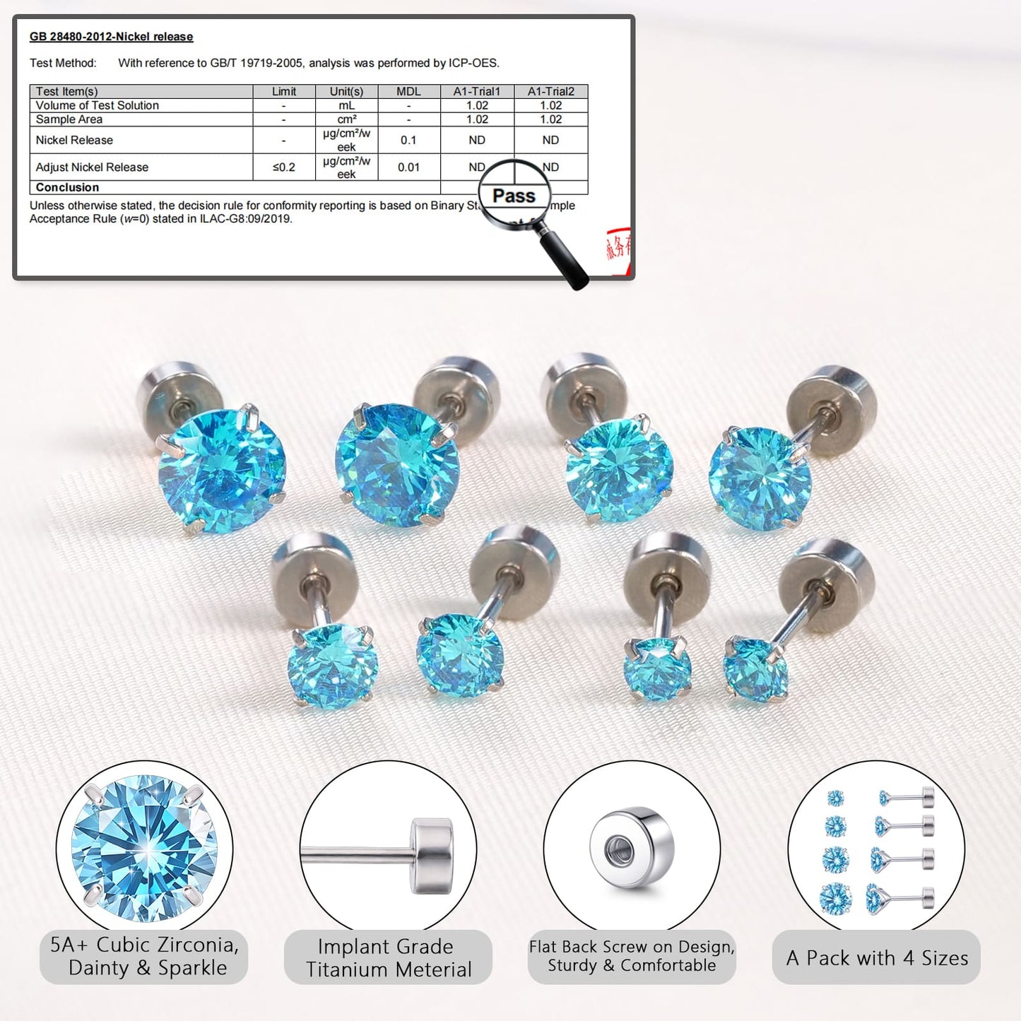 Orecchini piatti cartilagine titanio F136 Limerencia ipoallergenici con zircone perla opale, gioielli piercing elica confezione 4 paia 3-6mm da donna