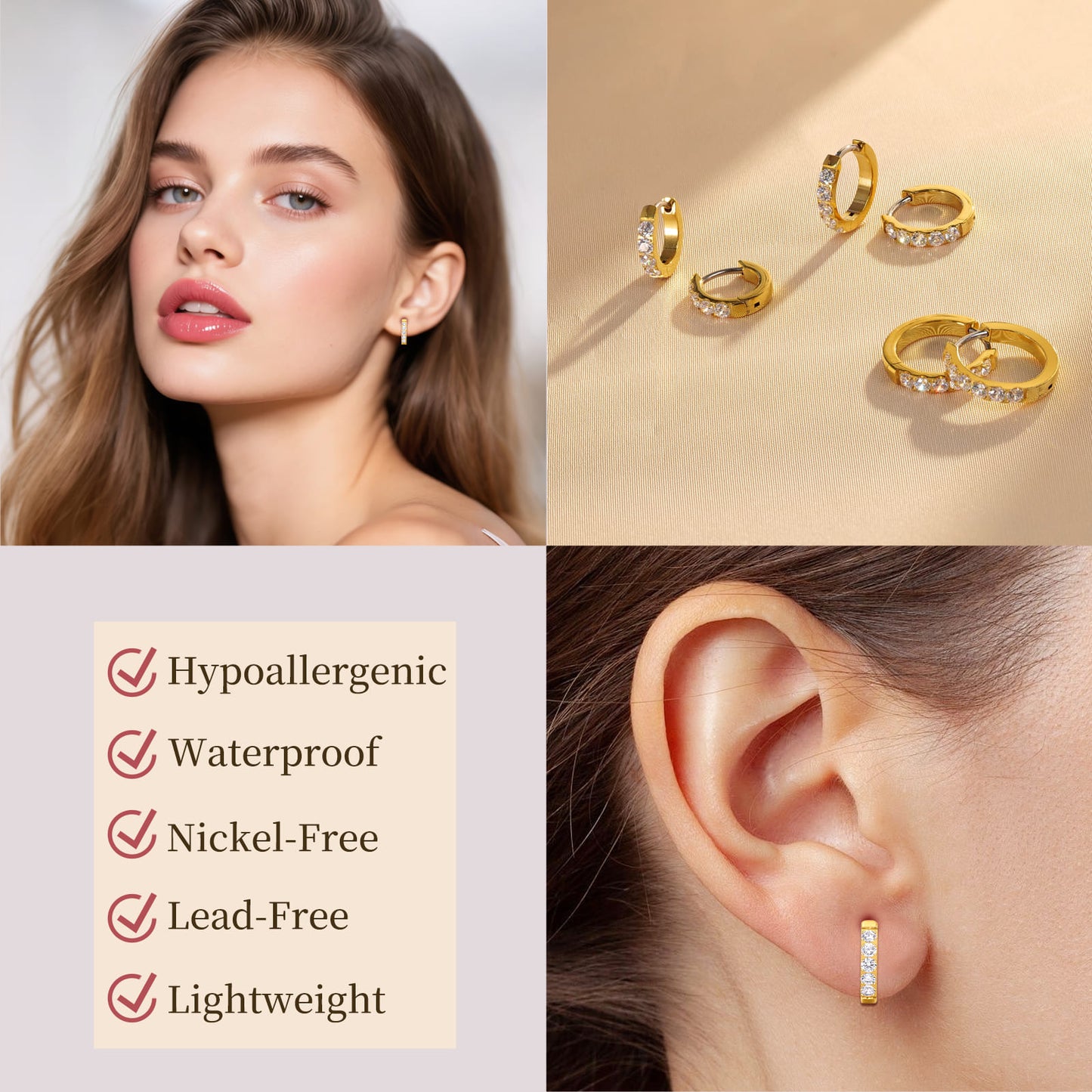 Boucles d'oreilles huggie créoles en titane pur G23 Limerencia, huggies pour cartilage hypoallergéniques, boucles à clip serties de petits zircons cubiques, mini bijoux de piercing pour femmes aux oreilles sensibles