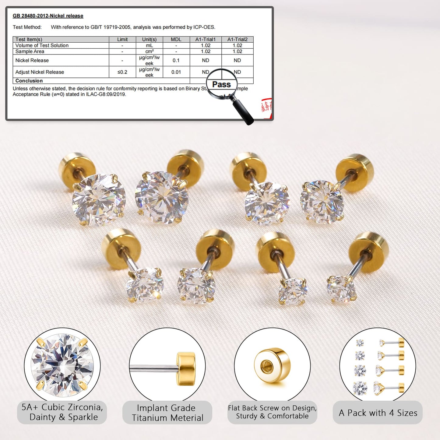 Orecchini piatti cartilagine titanio F136 Limerencia ipoallergenici con zircone perla opale, gioielli piercing elica confezione 4 paia 3-6mm da donna