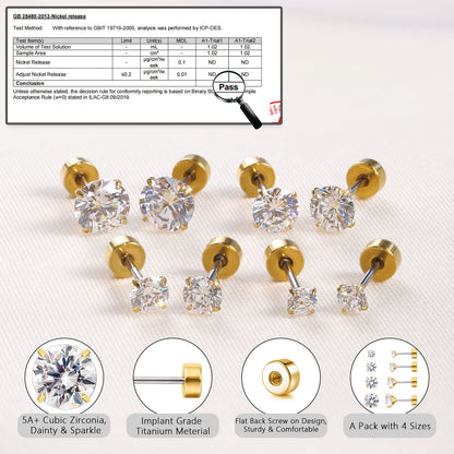 Orecchini piatti cartilagine titanio F136 Limerencia ipoallergenici con zircone perla opale, gioielli piercing elica confezione 4 paia 3-6mm da donna