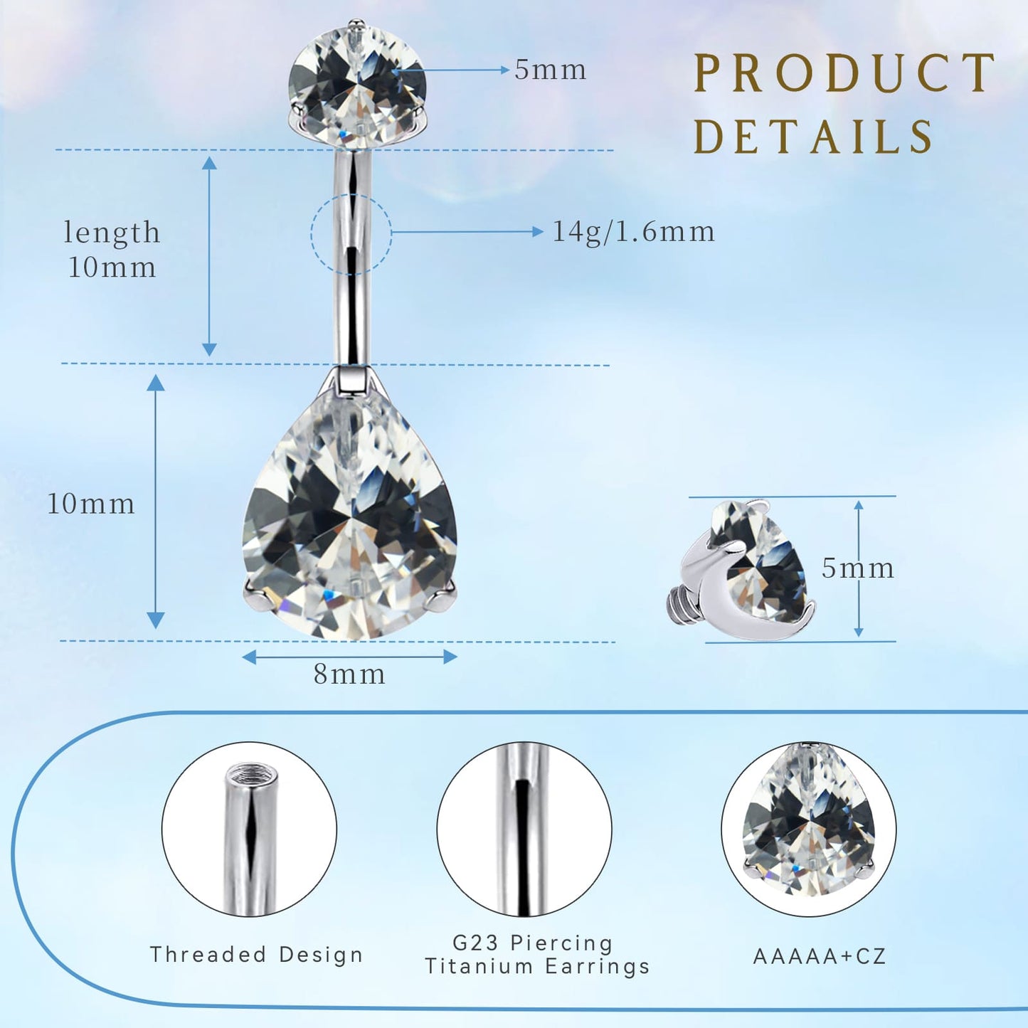 limerencia G23 Titanium Belly Button Rings hypoallergenic medical implant grade 14G Teardrop CZ Belly Navel Rings Piercing Belly Bars（Water drop belly button ring）