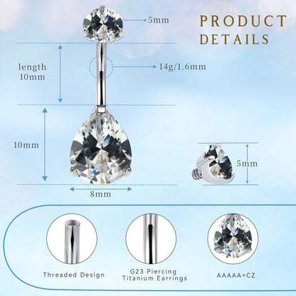 limerencia G23 Titanium Belly Button Rings hypoallergenic medical implant grade 14G Teardrop CZ Belly Navel Rings Piercing Belly Bars（Water drop belly button ring）