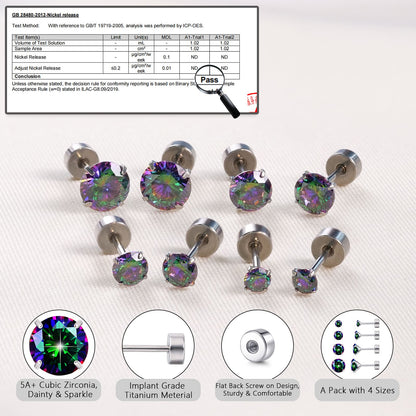 Orecchini piatti cartilagine titanio F136 Limerencia ipoallergenici con zircone perla opale, gioielli piercing elica confezione 4 paia 3-6mm da donna