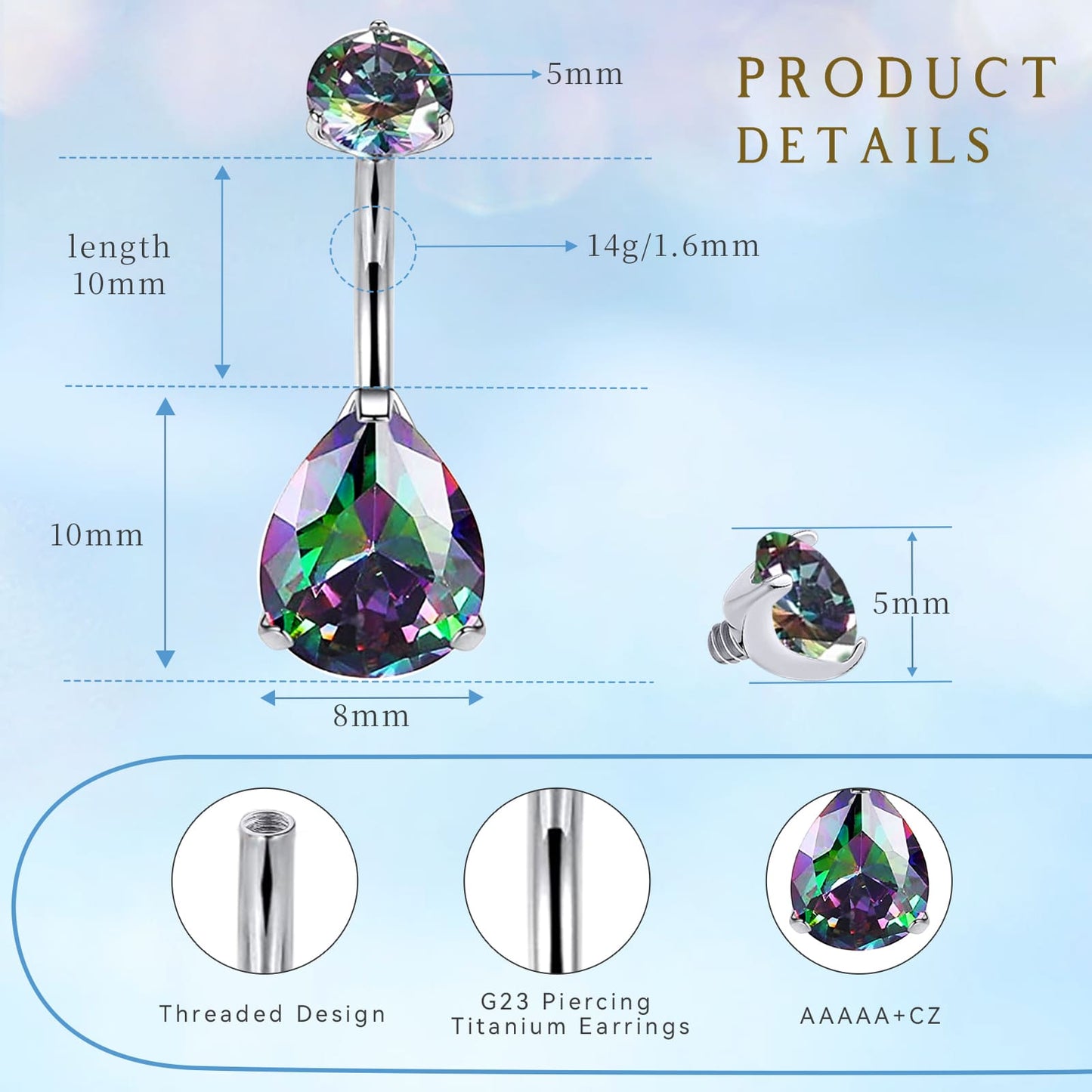 limerencia G23 Titanium Belly Button Rings hypoallergenic medical implant grade 14G Teardrop CZ Belly Navel Rings Piercing Belly Bars（Water drop belly button ring）