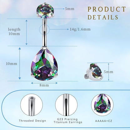 limerencia G23 Titanium Belly Button Rings hypoallergenic medical implant grade 14G Teardrop CZ Belly Navel Rings Piercing Belly Bars（Water drop belly button ring）