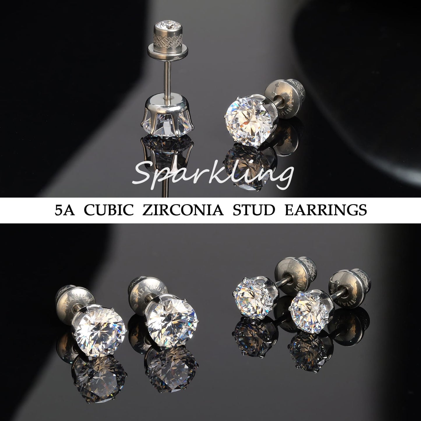 Limerencia Orecchini borchia titanio G23 CZ retro piatto ipoallergenici donna | Titanio F136 grado impianto 20G, chiusura vite piatta 6 griffe senza nichel, piercing cartilagine/trago, comfort 24h per orecchie sensibili