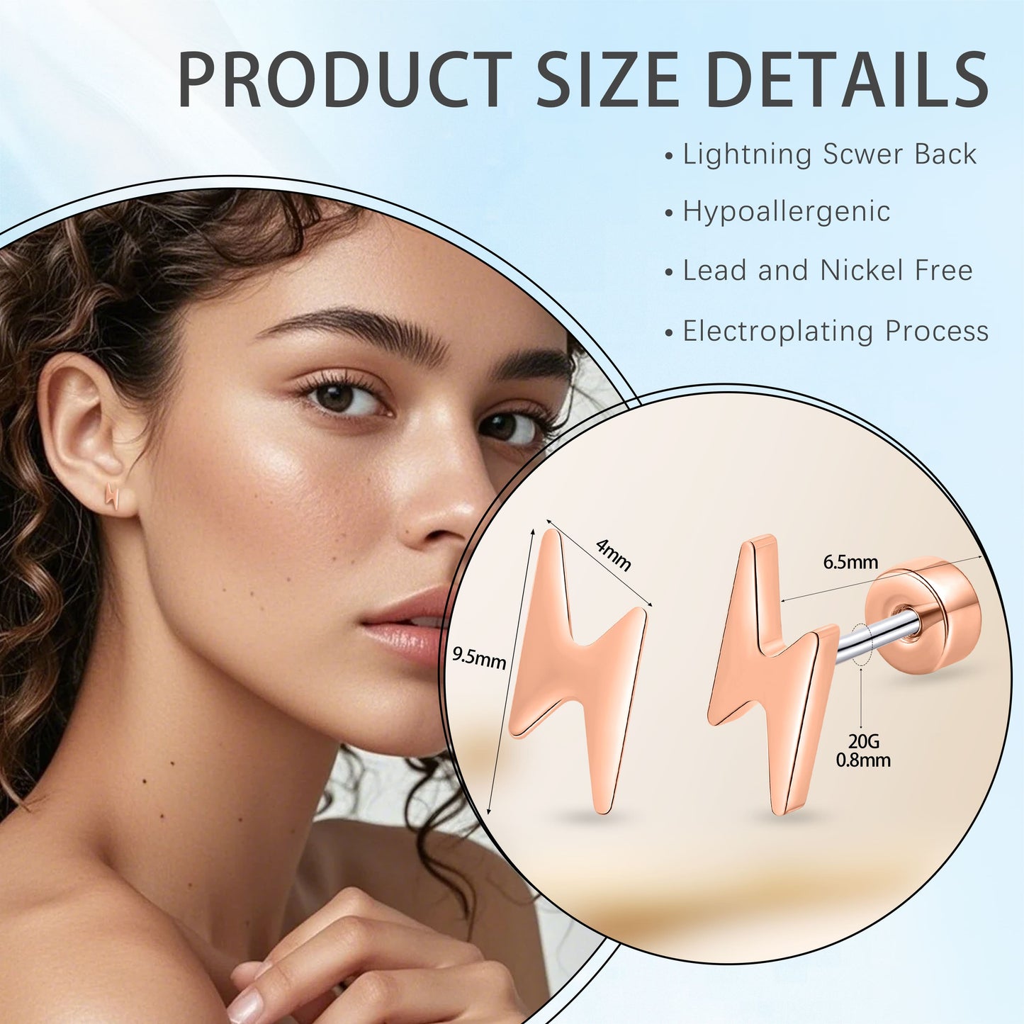 Limerencia Titanium Women Flatback Earrings,Lightning Bolt Stud Earrings|Cute and Fashionable Earrings Suitable for Both Men and Women,Suitable for Sensitive Ears