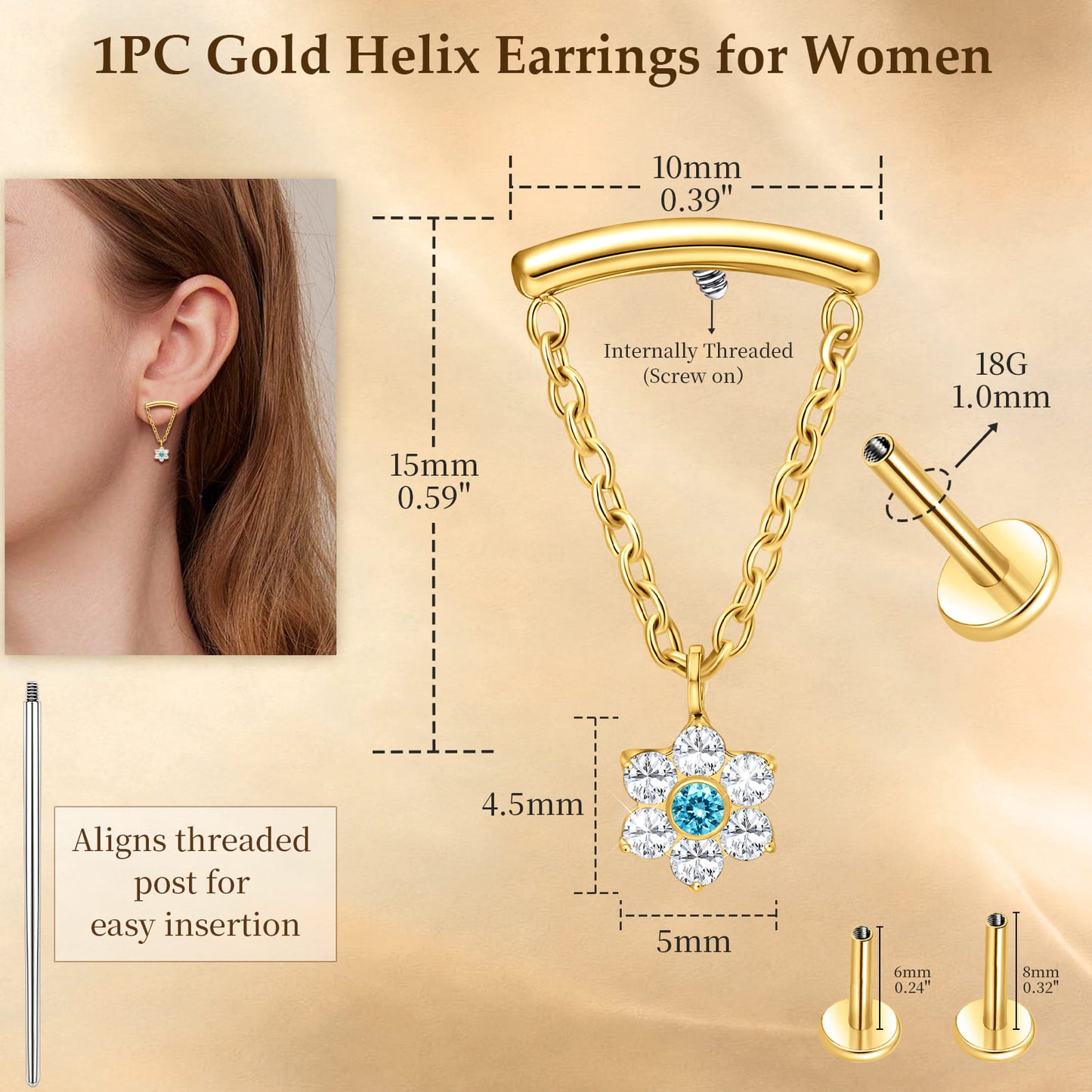 limerencia 18G Internally Threaded Titanium Flat Back Earrings for Women, 1pc Chain Dangle Helix Piercing Jewelry, Hypoallergenic 6mm 8mm Cartilage Earring Studs for Tragus Conch Lobe