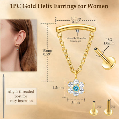 limerencia 18G Internally Threaded Titanium Flat Back Earrings for Women, 1pc Chain Dangle Helix Piercing Jewelry, Hypoallergenic 6mm 8mm Cartilage Earring Studs for Tragus Conch Lobe