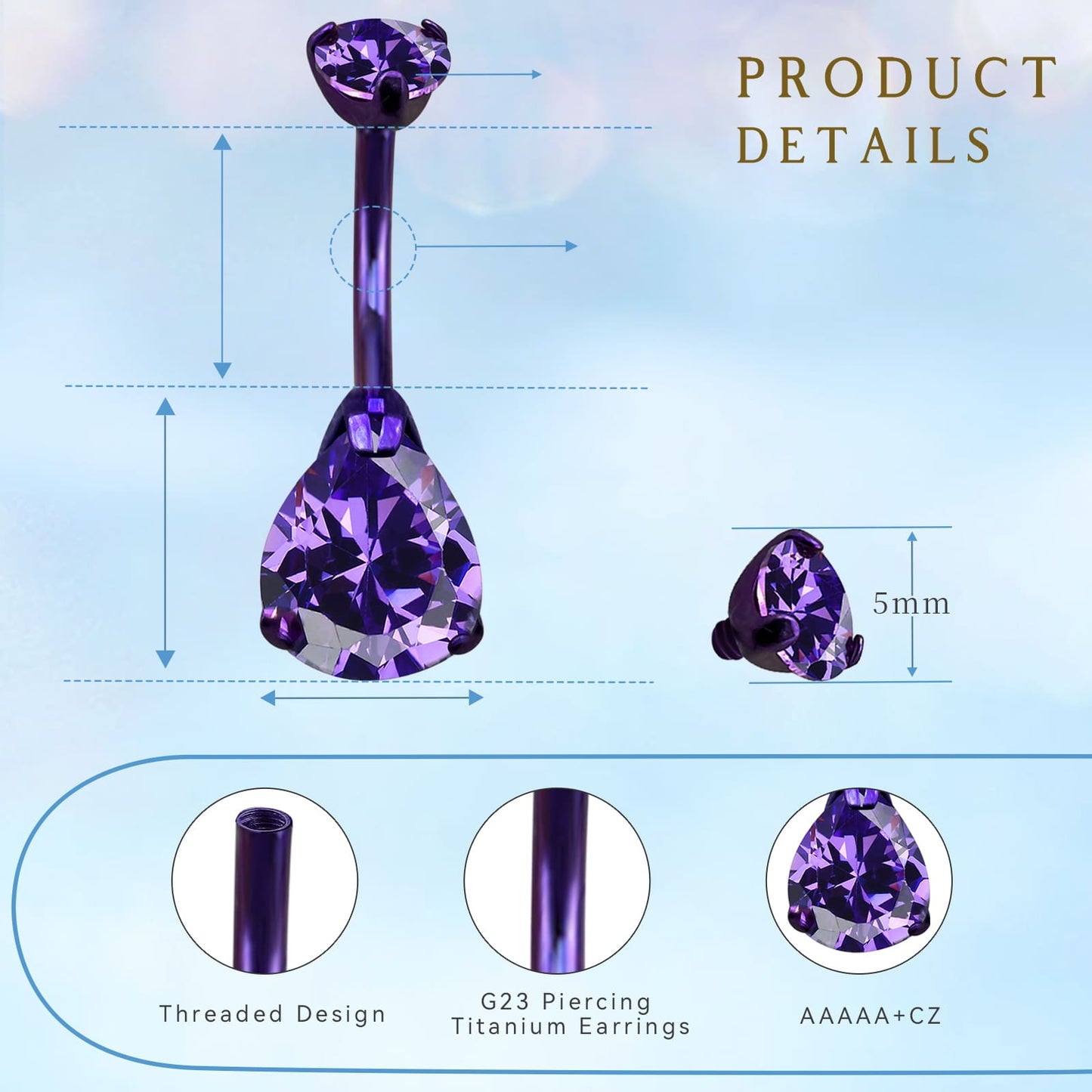 limerencia G23 Titanium Belly Button Rings hypoallergenic medical implant grade 14G Teardrop CZ Belly Navel Rings Piercing Belly Bars（Water drop belly button ring）
