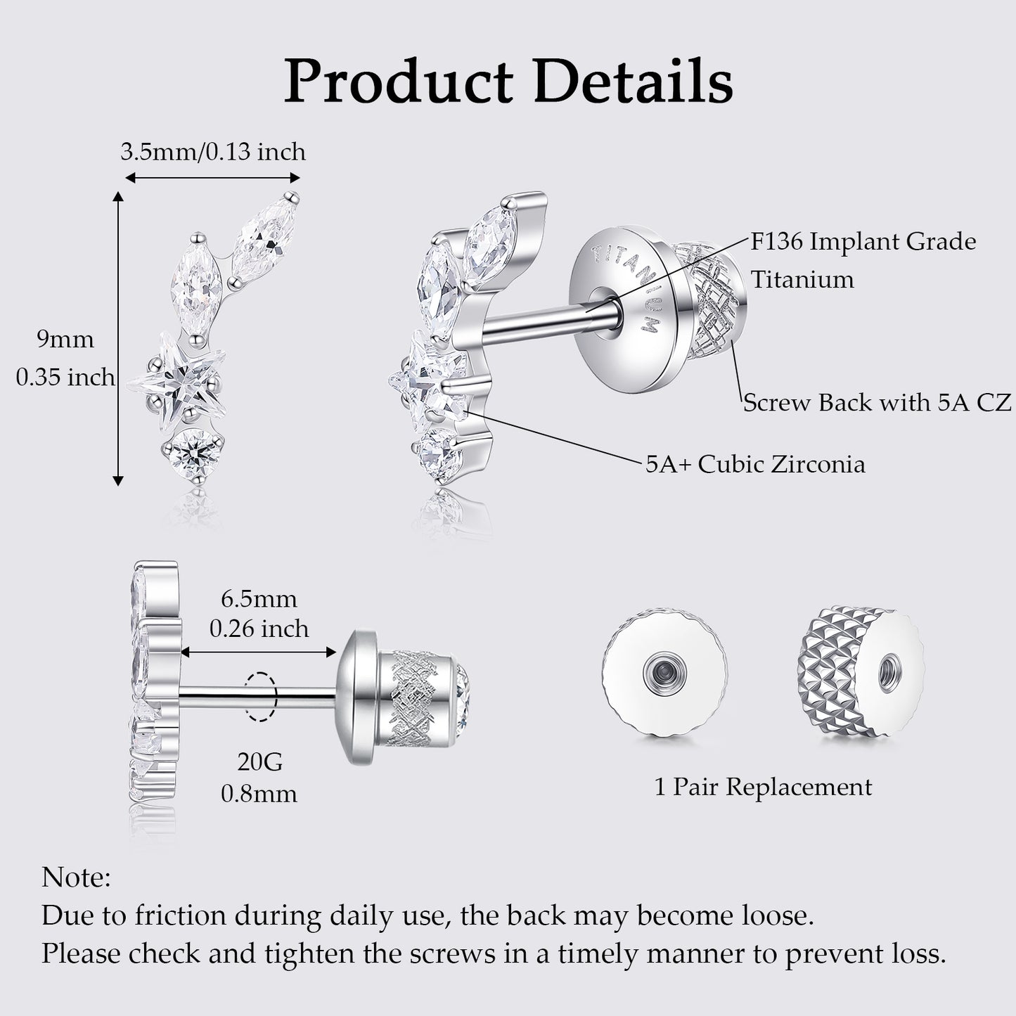 Limerencia Titanium Screw Back Earrings, Hypoallergenic F136 Implant Grade Flat Back Earrings for Women Men, Double Side Cubic Zirconia Sleeper Studs Jewelry/Collage