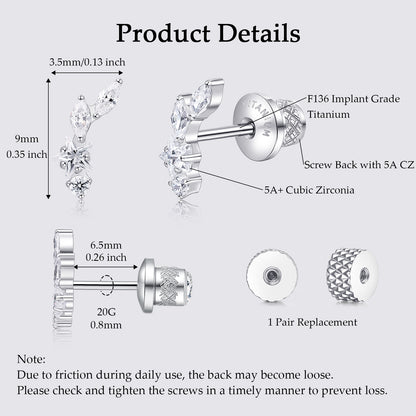 Limerencia Titanium Screw Back Earrings, Hypoallergenic F136 Implant Grade Flat Back Earrings for Women Men, Double Side Cubic Zirconia Sleeper Studs Jewelry/Collage