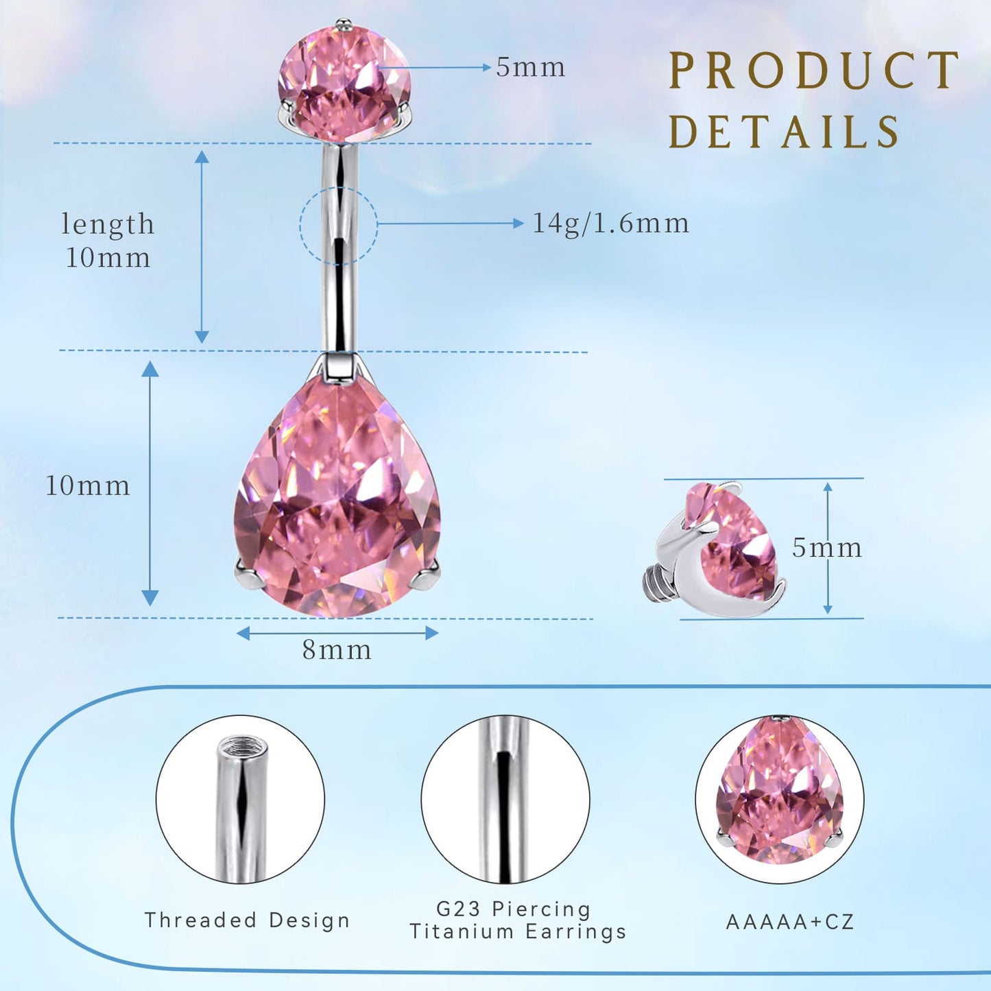limerencia G23 Titanium Belly Button Rings hypoallergenic medical implant grade 14G Teardrop CZ Belly Navel Rings Piercing Belly Bars（Water drop belly button ring）