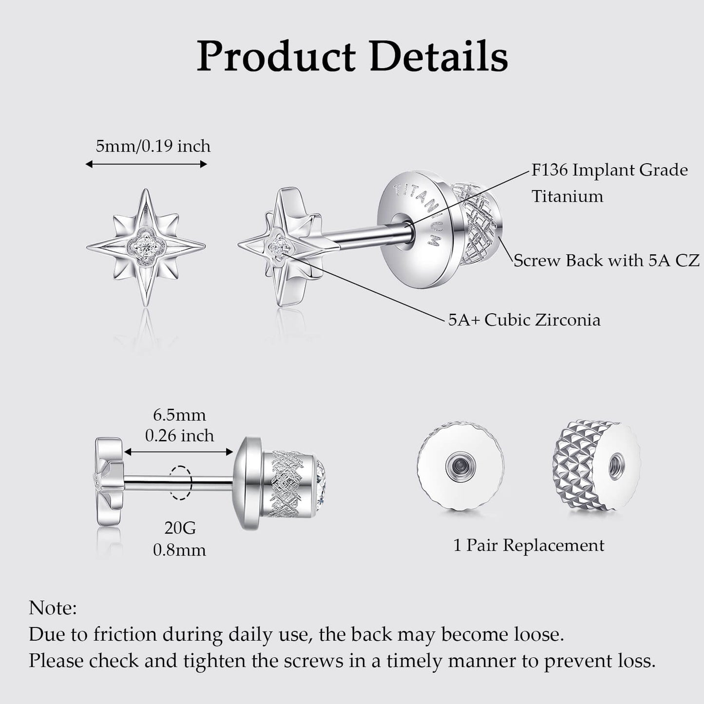 Limerencia Titanium Screw Back Earrings, Hypoallergenic F136 Implant Grade Flat Back Earrings for Women Men, Double Side Cubic Zirconia Sleeper Studs Jewelry/star