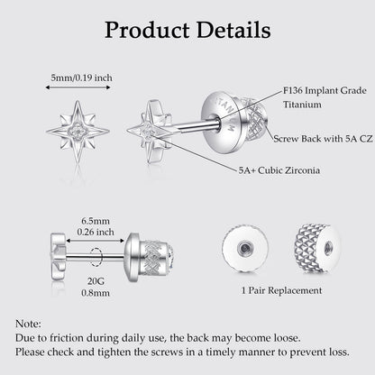 Limerencia Titanium Screw Back Earrings, Hypoallergenic F136 Implant Grade Flat Back Earrings for Women Men, Double Side Cubic Zirconia Sleeper Studs Jewelry/star