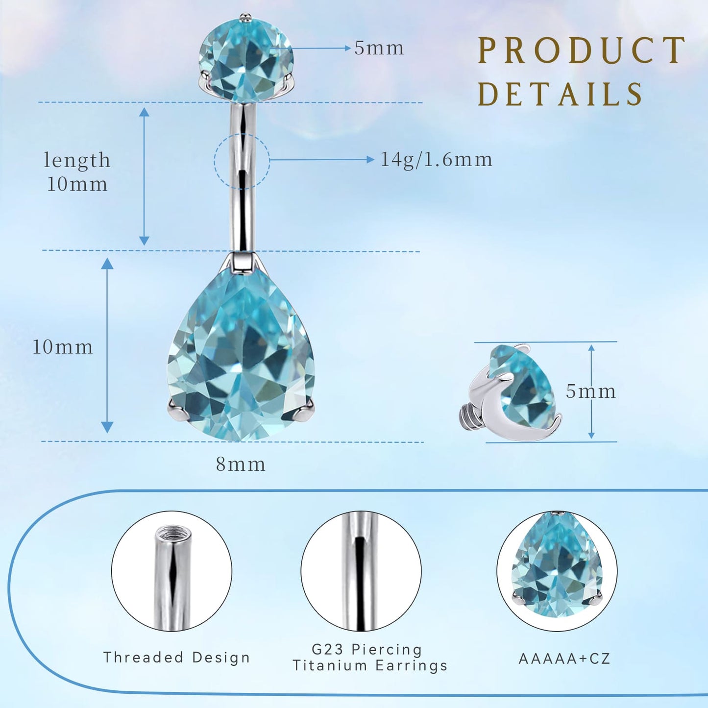 limerencia G23 Titanium Belly Button Rings hypoallergenic medical implant grade 14G Teardrop CZ Belly Navel Rings Piercing Belly Bars（Water drop belly button ring）