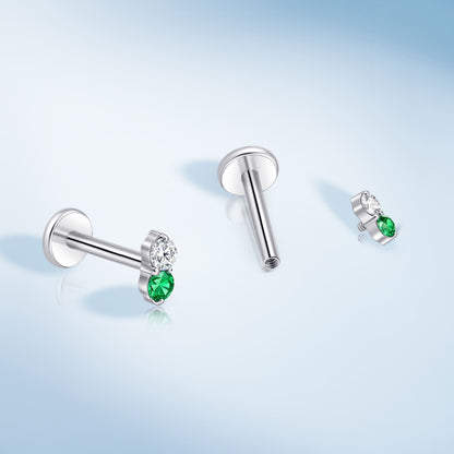 Limerencia 18G Titan-Körperschmuck, 2 Stück hypoallergene Innengewinde-Flachrücken-Ohrstecker für Tragus, Nase, Helix, Conch, Lippe und Labret, Knorpelpiercing für Damen & Herren, Besatz mit weiß-grünem Zirkonia