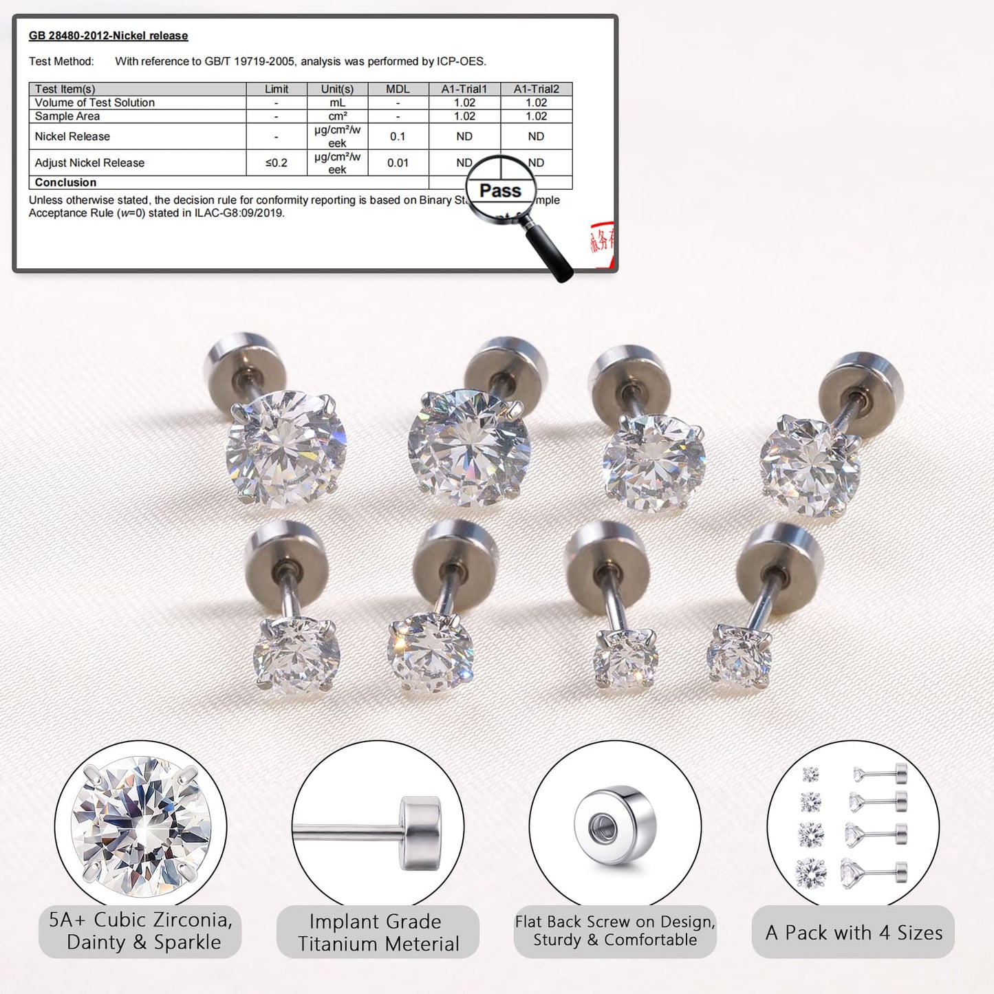 Orecchini piatti cartilagine titanio F136 Limerencia ipoallergenici con zircone perla opale, gioielli piercing elica confezione 4 paia 3-6mm da donna