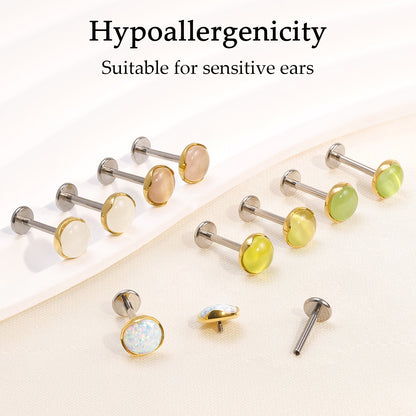 Boucles d’oreilles hypoallergéniques Limerencia pour oreilles sensibles – Puces à dos plat en titane G23 avec pierre œil de chat ronde, piercings cartilage pierre 5 mm, cadeau pour femme et homme