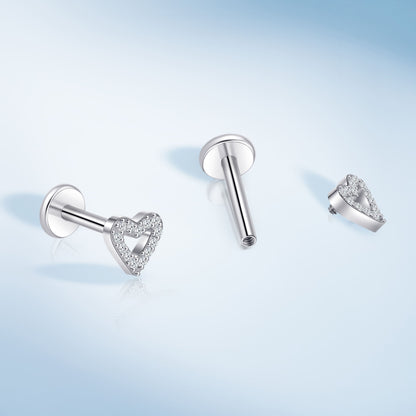 Piercing corporal titanio Limerencia calibre 18G, 2 unidades de clavos hipoalergénicos rosca interna respaldo plano para trago, nariz, hélice, concha, labio y labret, piercing cartílago unisex, diseño corazón pequeño