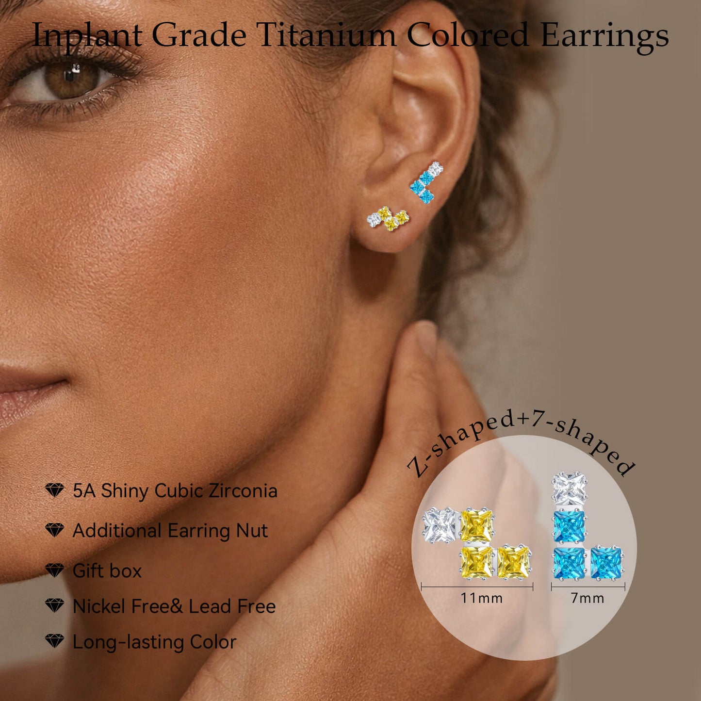 Limerencia F136 Titan-Flachstecker – 2 Stück ungleiche Zirkonia-Ohrringe, hypoallergene Schraubverschlüsse für empfindliche Ohren, schlaffreundlich, Geschenkbox für Damen