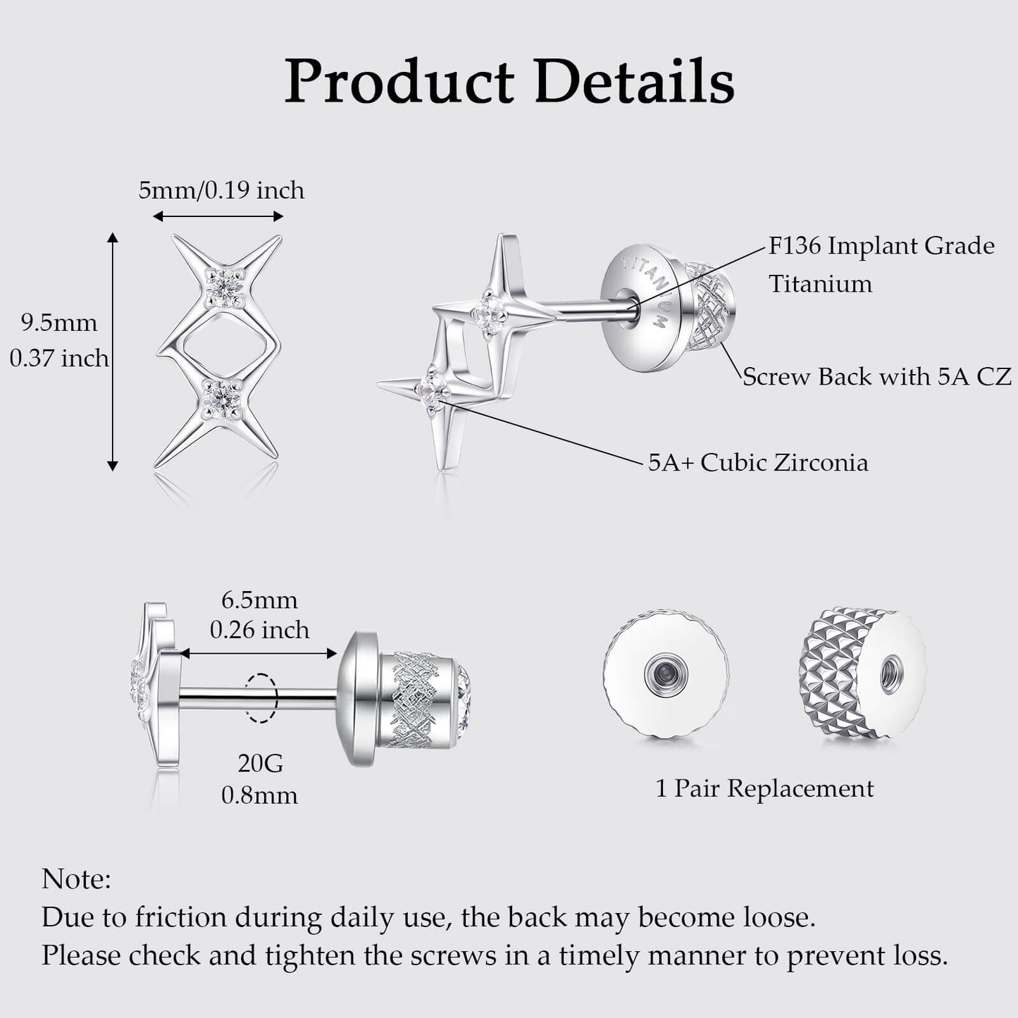 Limerencia Titanium Screw Back Earrings, Hypoallergenic F136 Implant Grade Flat Back Earrings for Women Men, Double Side Cubic Zirconia Sleeper Studs Jewelry/2 cross