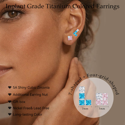Limerencia F136 Titan-Flachstecker – 2 Stück ungleiche Zirkonia-Ohrringe, hypoallergene Schraubverschlüsse für empfindliche Ohren, schlaffreundlich, Geschenkbox für Damen