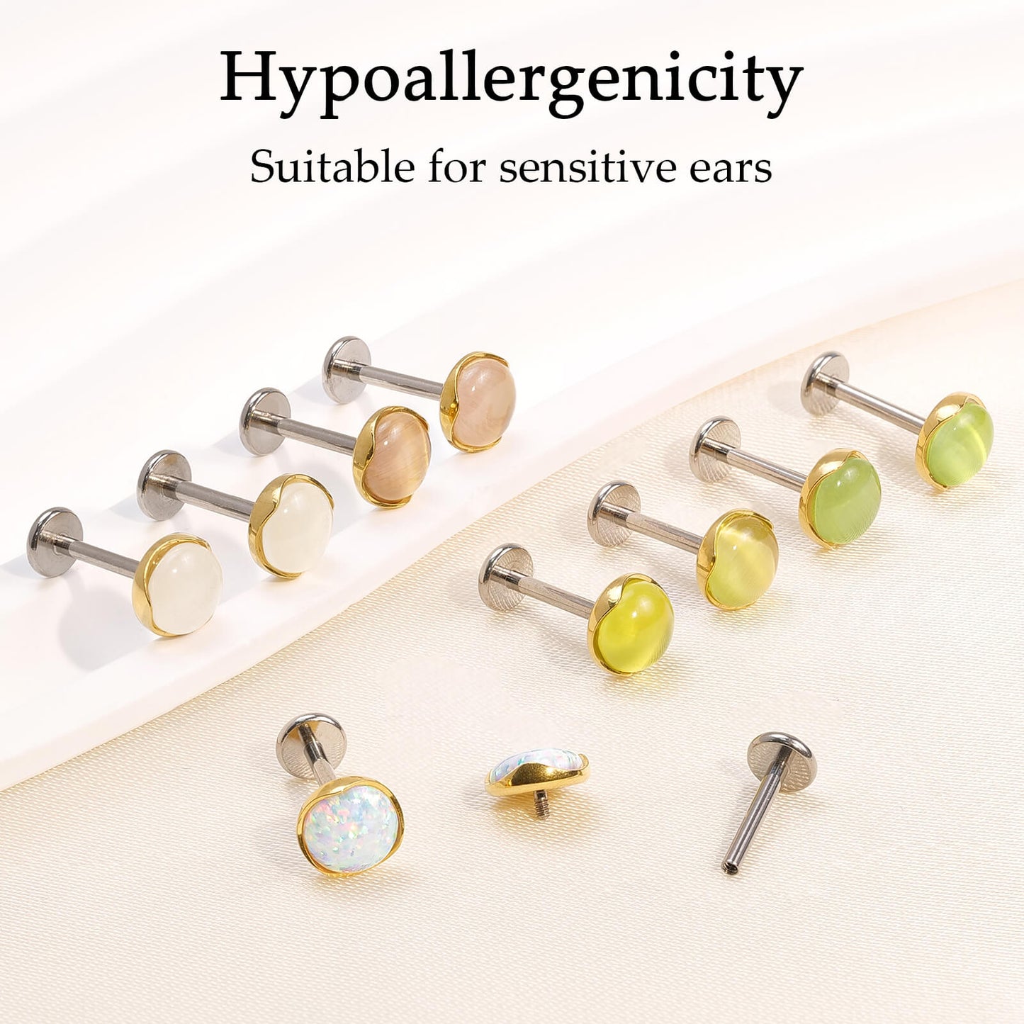 Limerencia hypoallergene Ohrstecker für empfindliche Ohren – Flachrück-Ohrstecker mit rundem Katzenauge aus G23-Titan, 5-mm-Stein-Ohrschmuck für Knorpelpiercing, Geschenk für Damen und Herren