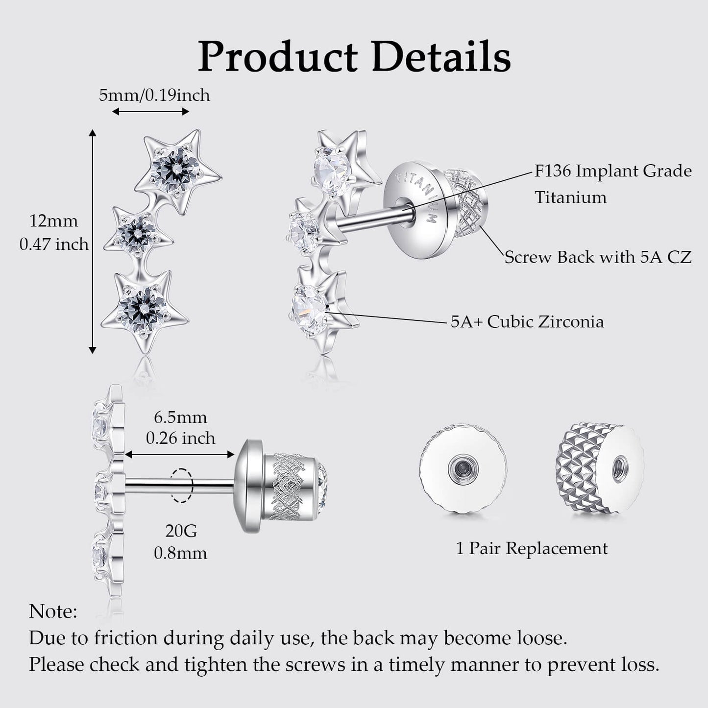 Limerencia Titanium Screw Back Earrings, Hypoallergenic F136 Implant Grade Flat Back Earrings for Women Men, Double Side Cubic Zirconia Sleeper Studs Jewelry/3 star