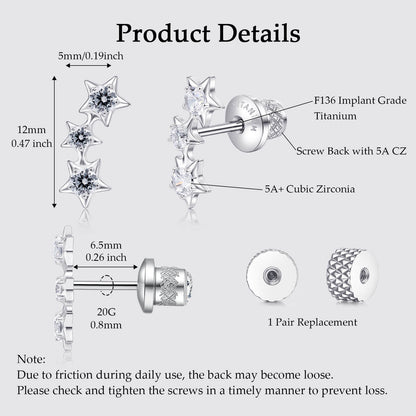 Limerencia Titanium Screw Back Earrings, Hypoallergenic F136 Implant Grade Flat Back Earrings for Women Men, Double Side Cubic Zirconia Sleeper Studs Jewelry/3 star