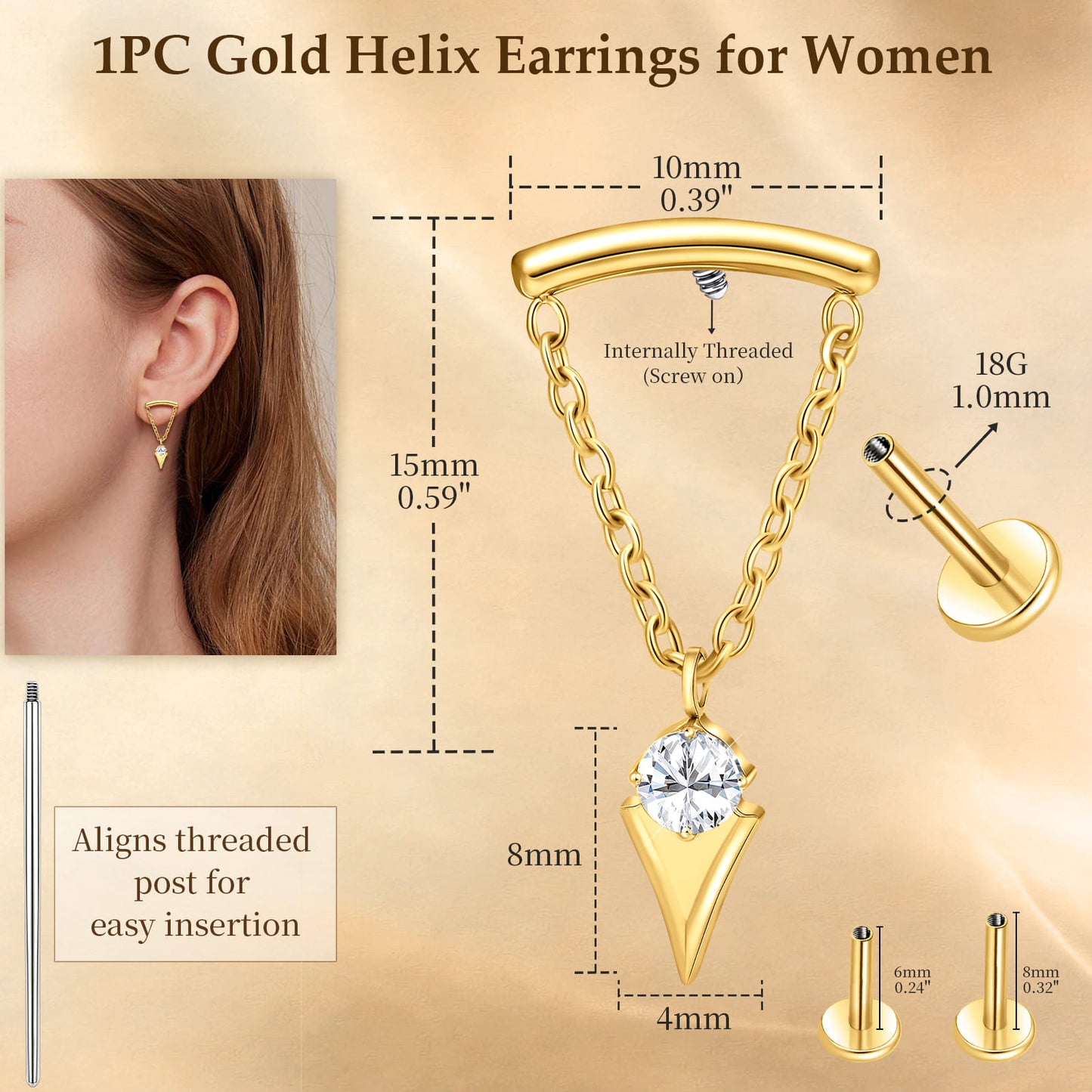 limerencia 18G Internally Threaded Titanium Flat Back Earrings for Women, 1pc Chain Dangle Helix Piercing Jewelry, Hypoallergenic 6mm 8mm Cartilage Earring Studs for Tragus Conch Lobe