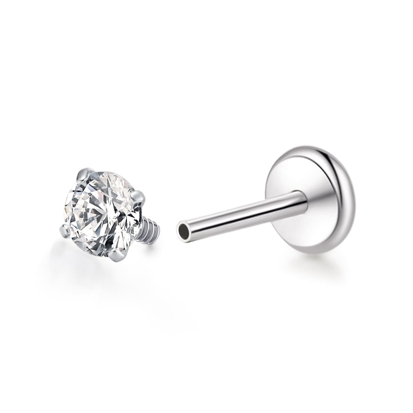 Gioielli piercing ipoallergenici in titanio F136 Limerencia, borchie filettate interne fondo piatto 18G 6mm 8mm 10mm per trago, elica, conca, cartilagine, naso e labbra (Zircone bianco 2mm)